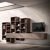 Parete attrezzata SKT39 Tomasella, con libreria, Paglia Bronzo e Rovere moka