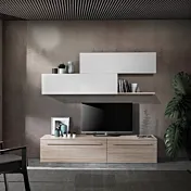 Parete attrezzata Cemento e Bianco frassino, con base e pensili Zenzero Shop