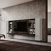 Parete con pannello tv scorrevole, Legno bruciato e Grigio seta Zenzero Shop