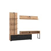 Parete moderna con ribalta e libreria, finitura Rovere e Carbone