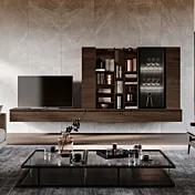 Parete moderna sospesa con vetrina fumè, finitura Noce moro Zenzero Shop