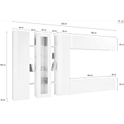 Parete attrezzata con 1 vetrina, 2 colonne e 2 pensili orizzontali, finitura bianco lucido