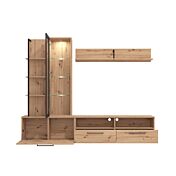 Parete con base tv vetrina e mensole finitura Rovere e Nero