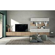 Parete attrezzata con pannelli attrezzati in finitura Royal Oak e Cemento artico 