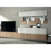 Parete attrezzata con pannelli attrezzati in finitura Royal Oak e Cemento artico 