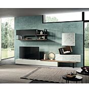 Parete attrezzata Mercurio  in finitura Bianco Calce, Rovere nordico, Vetro marmo white e Vetro antracite