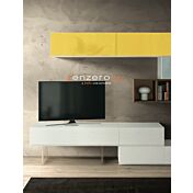 Parete attrezzata Yvaga in finitura Frassinato bianco, Rovere nordico, Vetro grigio e Vetro giallo