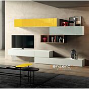 Parete attrezzata Yvaga in finitura Frassinato bianco, Rovere nordico, Vetro grigio e Vetro giallo