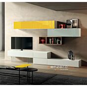 Parete attrezzata Yvaga in finitura Frassinato bianco, Rovere nordico, Vetro grigio e Vetro giallo