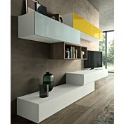 Parete attrezzata Yvaga in finitura Frassinato bianco, Rovere nordico, Vetro grigio e Vetro giallo