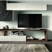 Soggiorno Rosetta con parete attrezzata e madia  in finitura Bianco calce, Quercia brown e Vetro marmo dark