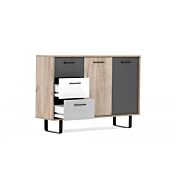 Madia Lappo con gambe in metallo, 2 ante, 3 cassetti, finitura Quercia, Bianca, Grigio e Antracite L 120