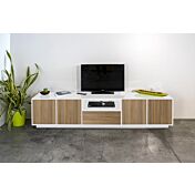 Moderno porta tv con cassetto centrale e quattro ante laterali, finitura bianco laccato lucido e noce caracalla