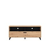 Mobile tv 140 cm con ribalta e due vani a giorno, finitura Rovere e Nero opaco