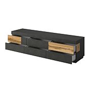 Sala moderna composta da porta TV e vetrina, grigio cemento e bianco lucido