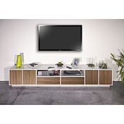 Mobile porta tv bicolore in finitura bianco laccato lucido e noce caracalla