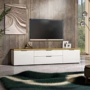 Mobile tv colore Bianco lucido con top Rovere, L.220 cm