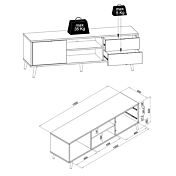 Porta TV Lavik con gambe in legno, 1 anta 2 cassetti, finitura Quercia, Bianca, Petrolio e Grigia