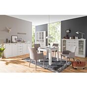 Tavolo moderno quadrato con cassetto, finitura Bianco con piano Cemento