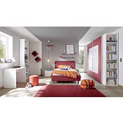 Cameretta completa per ragazzi, letto con testiera imbottita e armadio scorrevole, finitura rosso