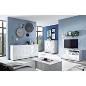 Sala moderna, composta da 2 Madie e Porta TV cerchio, Bianco lucido