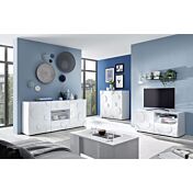 Sala moderna, composta da Porta TV e 2 Madie cerchio, Bianco lucido