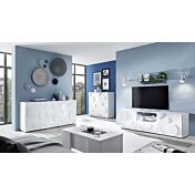 Sala moderna Bianca lucida, composta da Porta TV e 2 Madie cerchio