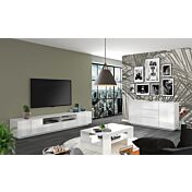 Zona giorno di design formata da madia 2 ante e 3 cassetti e spazioso porta TV 