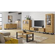 Soggiorno completo : 2 vetrine, madia, porta TV e tavolino basso finitura quercia