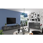 Zona giorno antracite lucido formata da madia 2 ante e 3 cassetti e spazioso porta TV