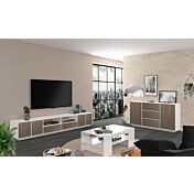 Salotto con madia e porta TV finitura bianco lucido e noce caracalla