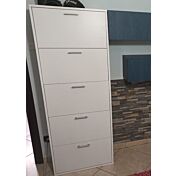 Conveniente Scarpiera salvaspazio, colore bianco, 5 ante a ribalta, made in Italy