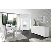 Sala di design composta da Vetrina, Madia e Tavolo allungabile, finitura bianco opaco