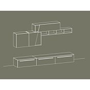 Parete attrezzata Bianco frassino con frontali e elementi sospesi in finitura Cemento e libreria orizzontale color Fango