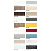 Parete attrezzata Marte in finitura Bianco calce, Quercia brown e Vetro marmo dark