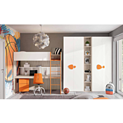 Armadi battenti con libreria 5 ripiani, finitura Bianco, Olmo natura e Arancio