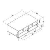 Tavolino Lavik con gambe in legno, 2 cassetti, finitura Quercia, Bianca, Petrolio e Grigia