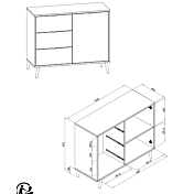 Credenza Madia di design con gambe in legno, 1 anta 3 cassetti, finitura Quercia, Bianca, Petrolio e Grigia