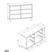 Madia Lavik con gambe in legno, 6 cassetti, finitura Quercia, Bianca, Petrolio e Grigia