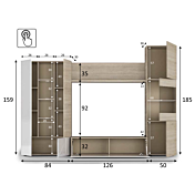 Parete attrezzata con led, quercia e bianco