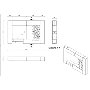 Parete attrezzata con ripiani in vetro e pensili a vasistas, finitura bianco e cemento