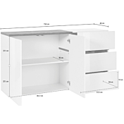 Madia moderna con 2 ante e 3 cassetti in finitura Bianco lucido e Pero