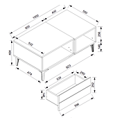 Tavolino moderno Glesborg con un cassetto e un ripiano in finitura Rovere e Nero carbone