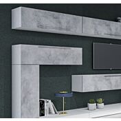 Parete attrezzata finitura Bianco Frassino, elementi sospesi e in appoggio con frontali in finitura Cemento