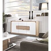 Madia 2 ante e 3 cassetti, bianco laccato e rovere wellington, made in Italy