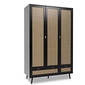 Armadio nero a 3 ante battenti e 2 cassetti, dettagli finitura Oro