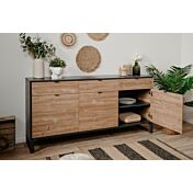 Madia moderna con tre ante e tre cassetti in finitura antracite e bamboo