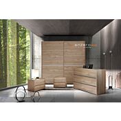 Set zona notte con Armadio scorrevole, Comò e Coppia Comodini, Noce Chiaro e Argilla