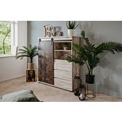 Madia alta Tromso con 2 ante e 3 cassetti in finitura Willow e Acero invecchiato