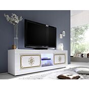 Porta TV, 2 ante, bianco lucido con serigrafia oro, Made in Italy